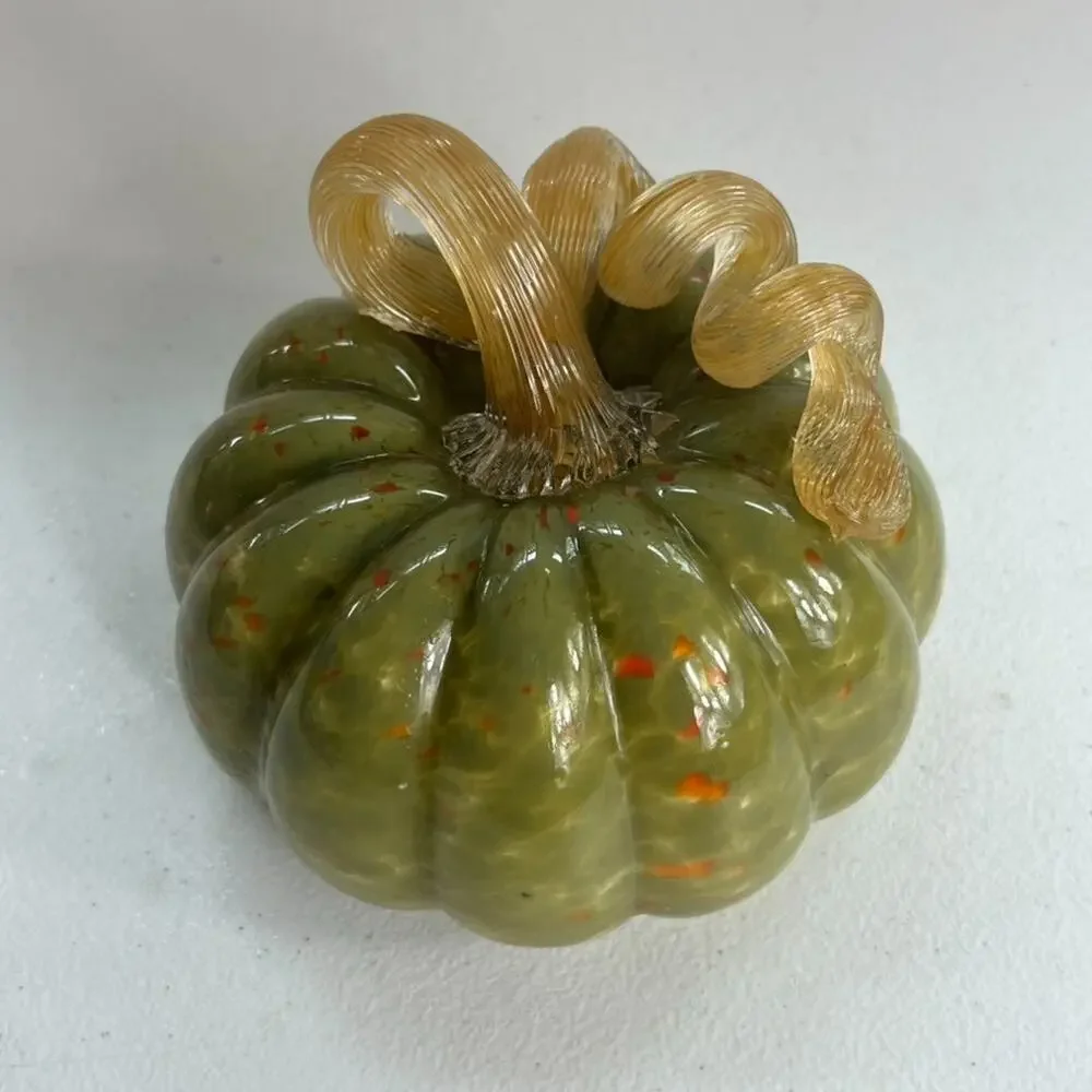 Hand Blown Art Glass Pumpkin Twist Stem Orange & Green 5